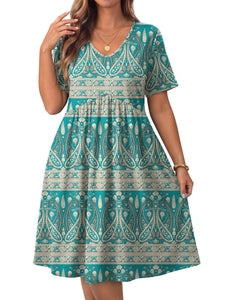 WellSize Plus size Dresses For Women Floral Casual V Neck Short Sleeve Sundresses Midi Summer Dress with Pockets