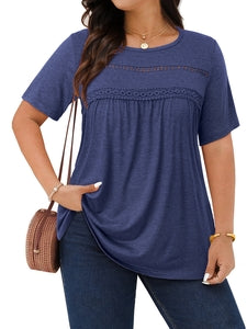 WellSize Lace Plus Size Women Blouses Casual Tunic Boho Tops Crew Neck Short Sleeve Shirts Trendy Summer Blouses