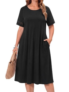 WellSize Plus Size Dresses for Women Summer Crew Neck Short Sleeve Sundresses Casual Beach Midi Dresses with pockets
