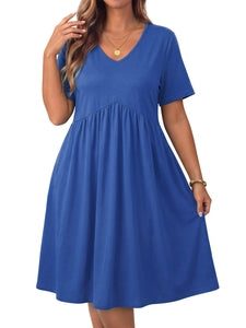 WellSize Plus size Dresses For Women Floral Casual V Neck Short Sleeve Sundresses Midi Summer Dress with Pockets