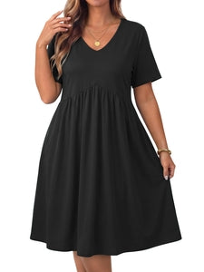 WellSize Plus size Dresses For Women Floral Casual V Neck Short Sleeve Sundresses Midi Summer Dress with Pockets