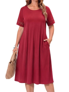 WellSize Plus Size Dresses for Women Summer Crew Neck Short Sleeve Sundresses Casual Beach Midi Dresses with pockets