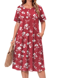WellSize Plus Size Dresses for Women Summer Crew Neck Short Sleeve Sundresses Casual Beach Midi Dresses with pockets