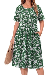 WellSize Plus Size Dresses for Women Summer Crew Neck Short Sleeve Sundresses Casual Beach Midi Dresses with pockets