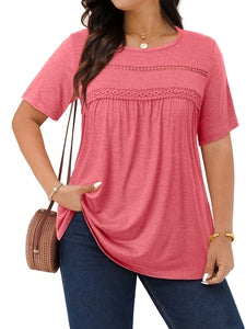 WellSize Lace Plus Size Women Blouses Casual Tunic Boho Tops Crew Neck Short Sleeve Shirts Trendy Summer Blouses
