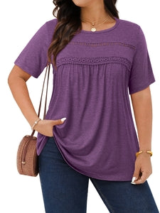 WellSize Lace Plus Size Women Blouses Casual Tunic Boho Tops Crew Neck Short Sleeve Shirts Trendy Summer Blouses