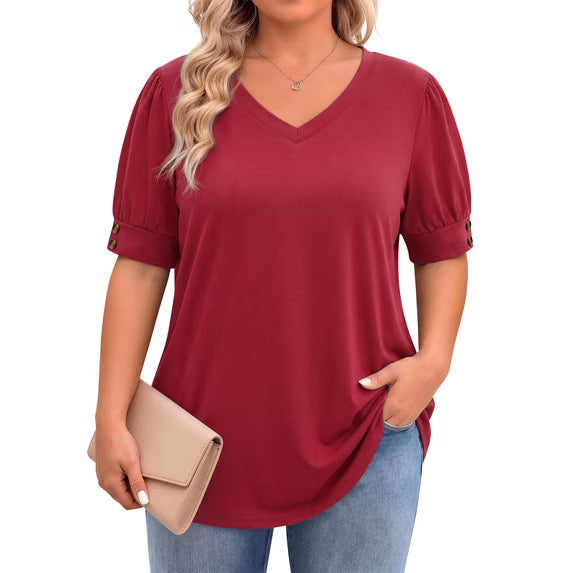 WellSize Plus Size Women Blouses Casual Button V Neck tunic tops Summer Short Sleeve Shirts